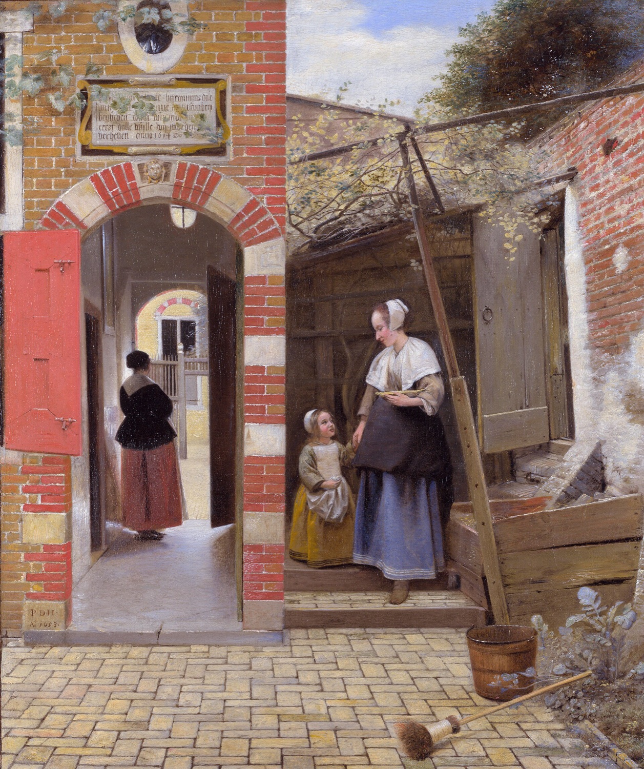 La Cour d'une maison à Delft, Pieter de Hooch, 1658 : une femme et un enfant dans une cour de briques